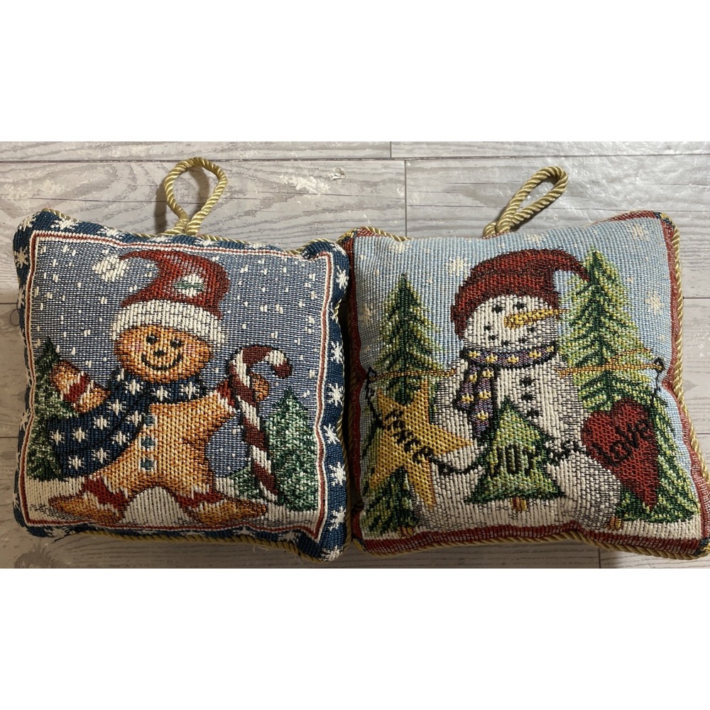 Vintage Tapestry Snowman Gingerbread Man Christmas Door Hanging Pillows (2) 6x6"